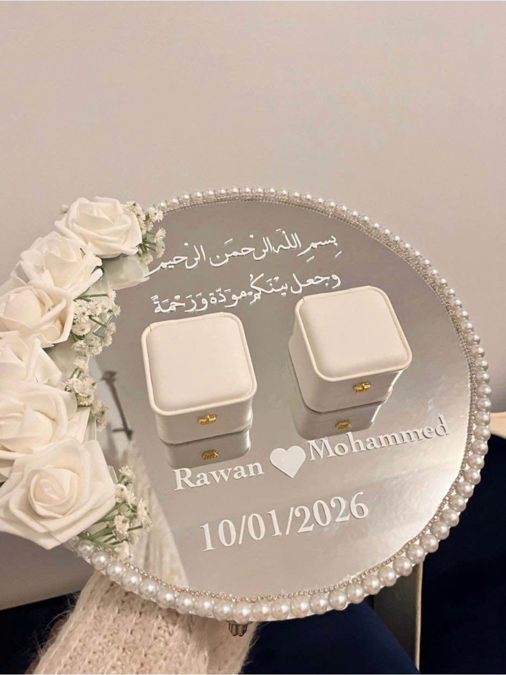 Personalized White Pearl-Trim Mirrored Ring Tray - Custom Wedding Display